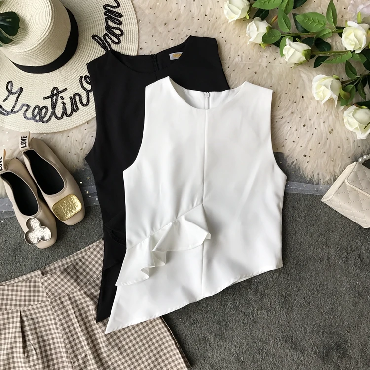 المرأة غير النظامية مطوي أكمام الصيف 2019 ارتداء الشيفون قميص سيدة بلون كشكش قمم F354