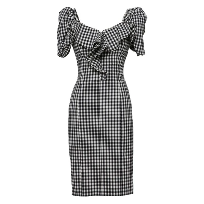 

PERHAPS U black blue plaid v neck ruffle puff short sleeve empire bag hip mini dress summer casual D1577