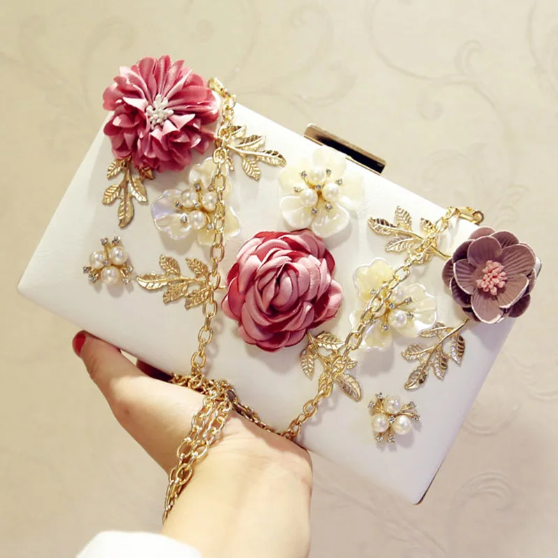 Fashion Flower Women Evening Dress Bags Metal Leaves Diamonds Beaded