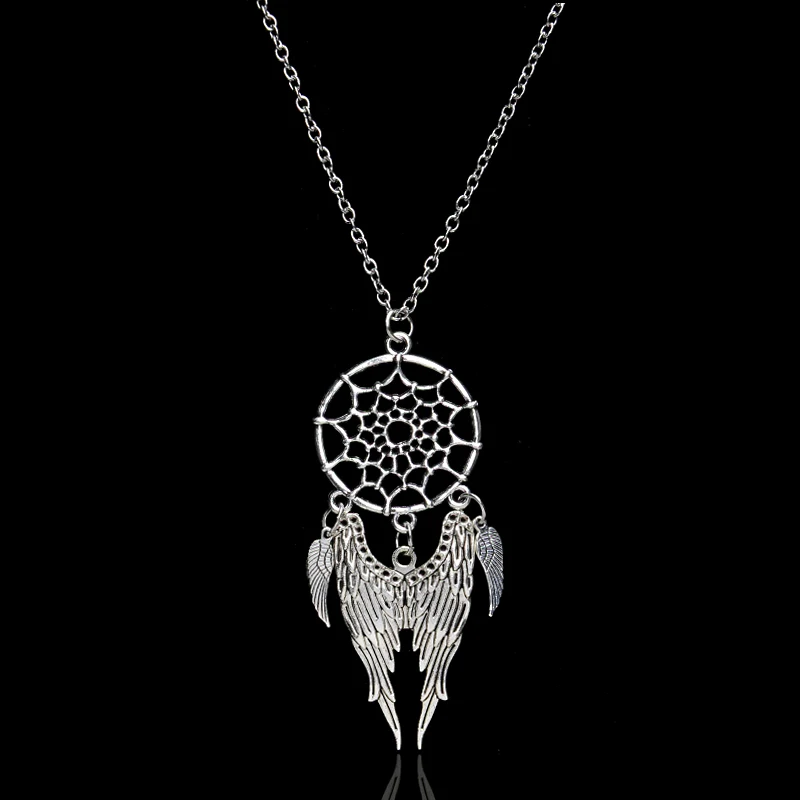 

Fashion Retro Feather Pendants Dream Catcher Necklaces For Women Collares Antique Silver color Link Chain Charm Long Necklaces