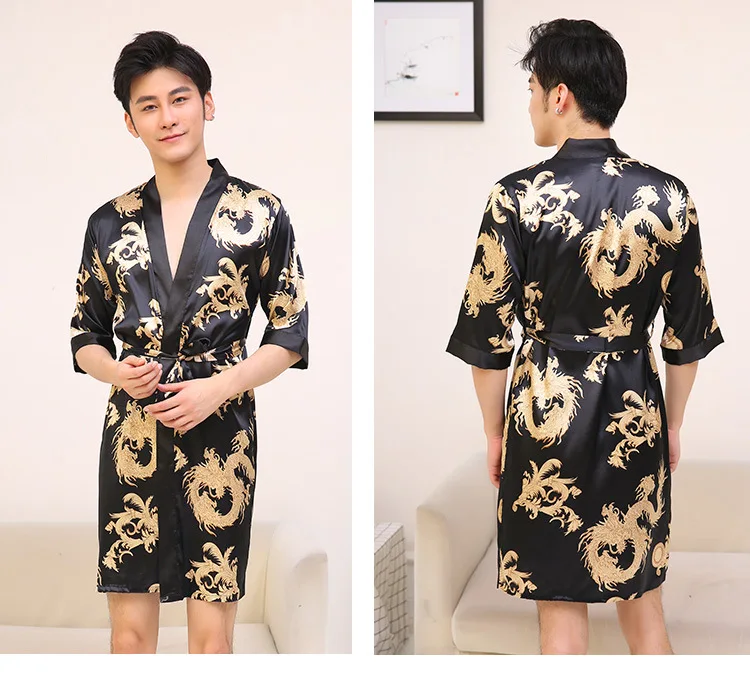 Китайский Винтажный Мужской халат, повседневная одежда для сна, атласный Ночной костюм из вискозы, печатный халат с рисунком драконов, кимоно, пеньюар, размер L XL XXL