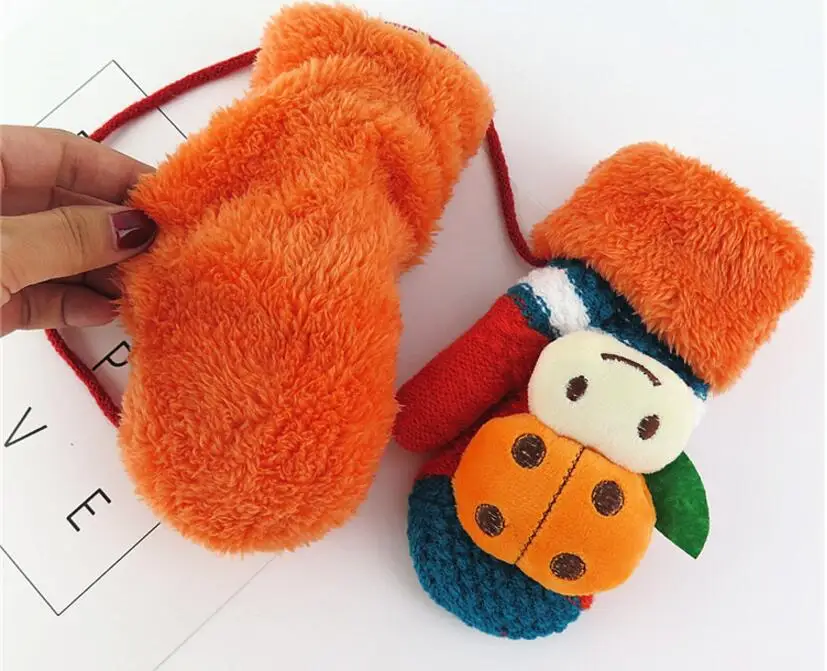 Зимний комплект детской одежды теплая с лямкой на шее-перчатки с веревкой детские штаны с плюшевой подкладкой, с мультипликационными изображениями варежки для От 2 до 8 лет R182