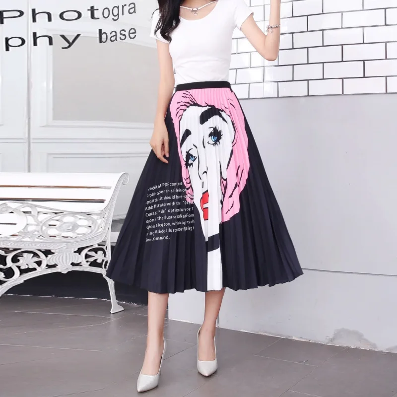 New Fashion Floral Print High Waist Elastic Streetwear Summer Skirts Women Pleated Mid-Calf Swing Party Skirt Indie Folk