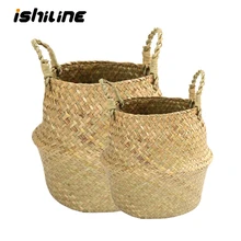 Storage-Basket Flower-Pot Straw-Wicker Belly Rattan Seagrass Bamboo Folding Handmade