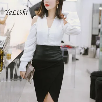 

2 Piece Set Elegant Women Suit 2018 White Off the Shoulder Tops Blouse and Split Black Skirts Crop Top and Skirt Sets Vestidos