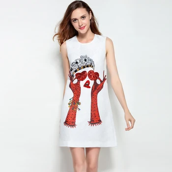 

High Quality 2019 Fashion Designer Summer Women's Tank Dress Elegant print pattern Crystal Sequin Beaded Luxurious Party Dress
