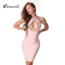 CIEMIILI 2017 New Women Sexy Bandage Dress Cross Chain Sequined Sleeveless Celebrity Evening Party Bodycon Dresses Free Shipping