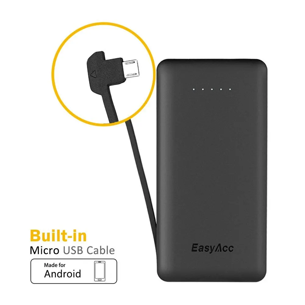 EasyAcc Ultra-Slim External Battery Changer 6000mAh Power Bank Portable Charger with Built-in Micro USB Cable for Iphone 7