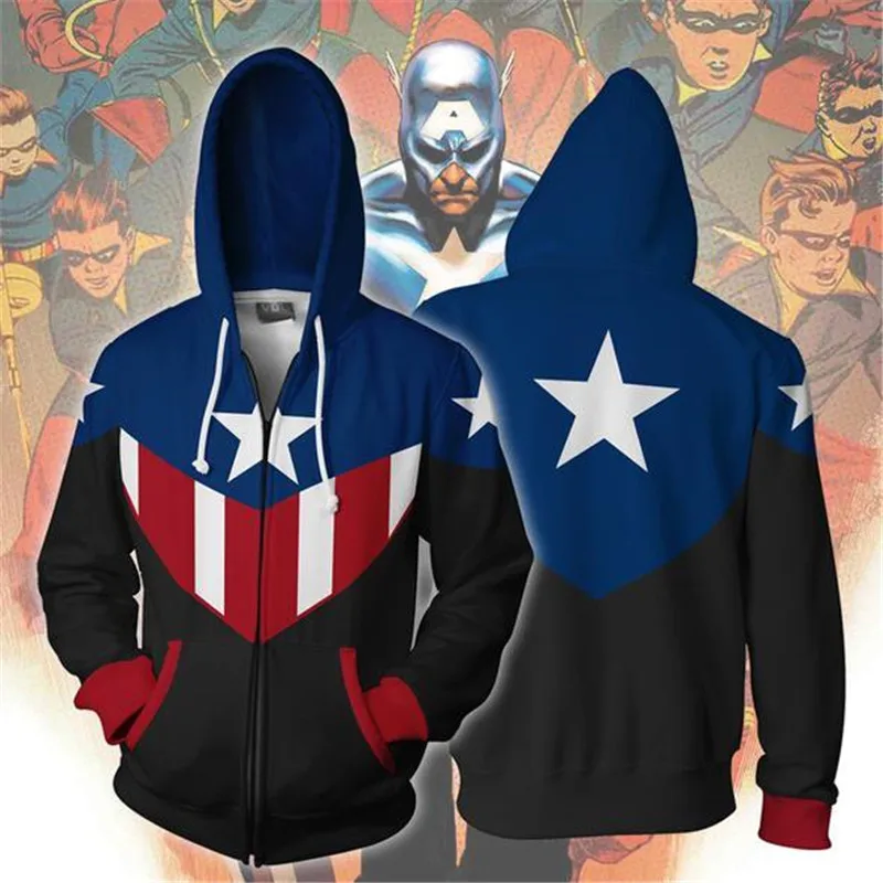 Fans Wear Captain America Sweatshirt Cosplay Hoodie Bucky Cap Cosplay Zip Up Hoodie Superhero 3D Printed Hooded Sweatshirts