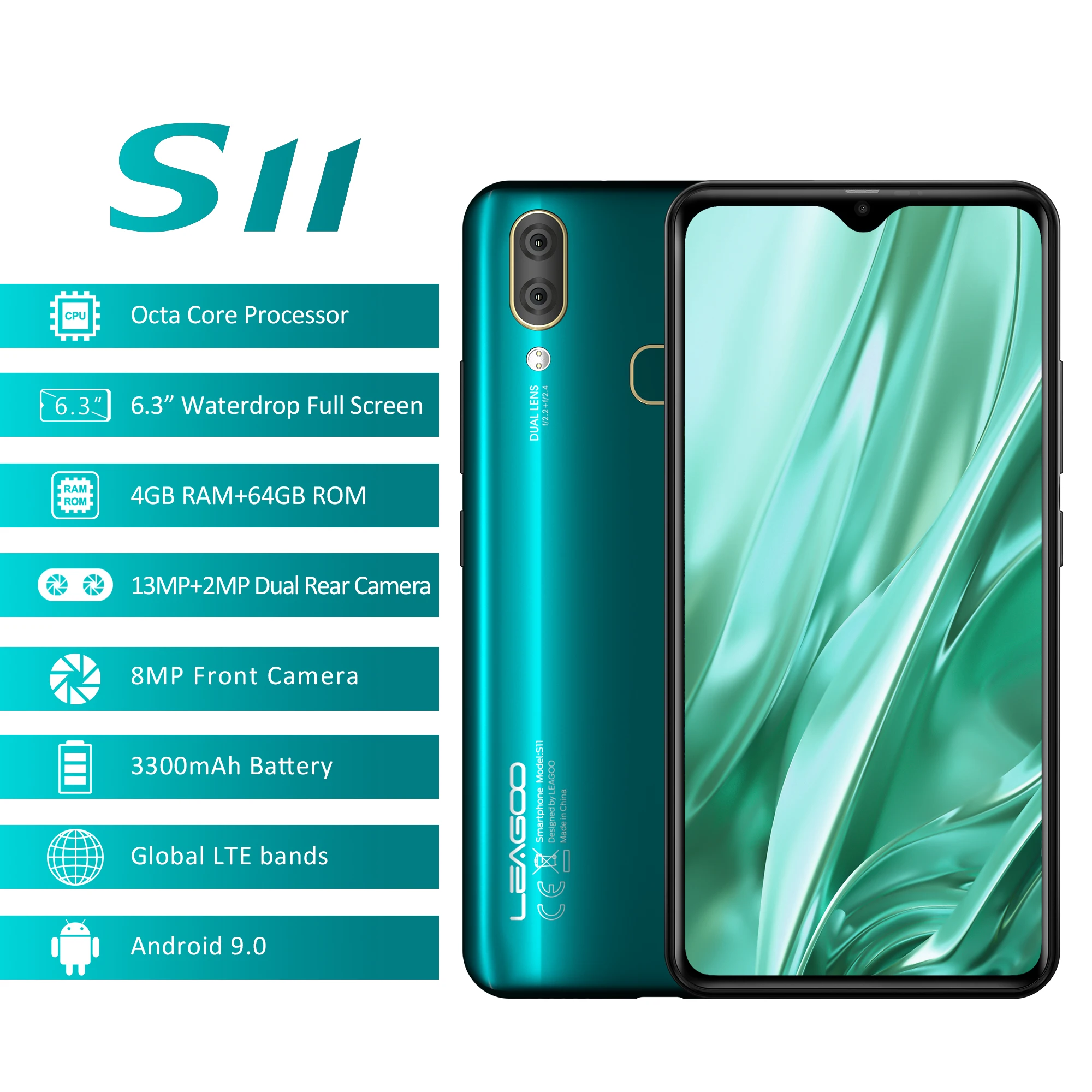 

LEAGOO S11 4GB 64GB Cell Phone Android 9.0 6.3" Waterdrop Display Helio P22 Octa Core 13MP Camera Fingerprint ID Smartphone