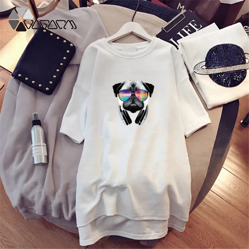 

Plus Size Women Tshirt Dress Cartoon Funny Dog Print Short Sleeve Fashion Tops Vintage White Clothes Casual Loose Mini Dresses