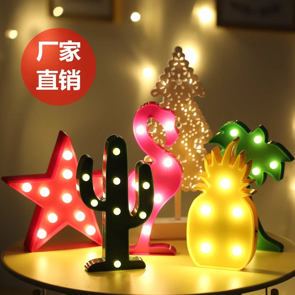 Girly night light tropical style battery lamp Flamingo cactus pineapple