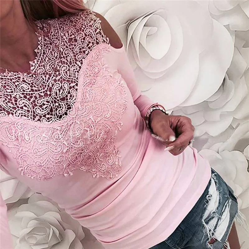 

Elegant Office Lady Spring Summer Women Sexy Lace Long Sleeve Hollow Shirts Leotard Tops Casual Solid Flower Blouse Pullovers