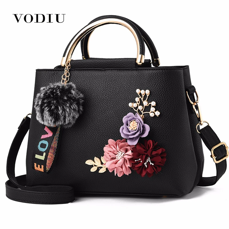 

Women Handbag Leather Bag Luxury Handbags Women Bags Designer Flower Hair Ball Metal Handle Women Shoulder Bag Crossbody Handbag