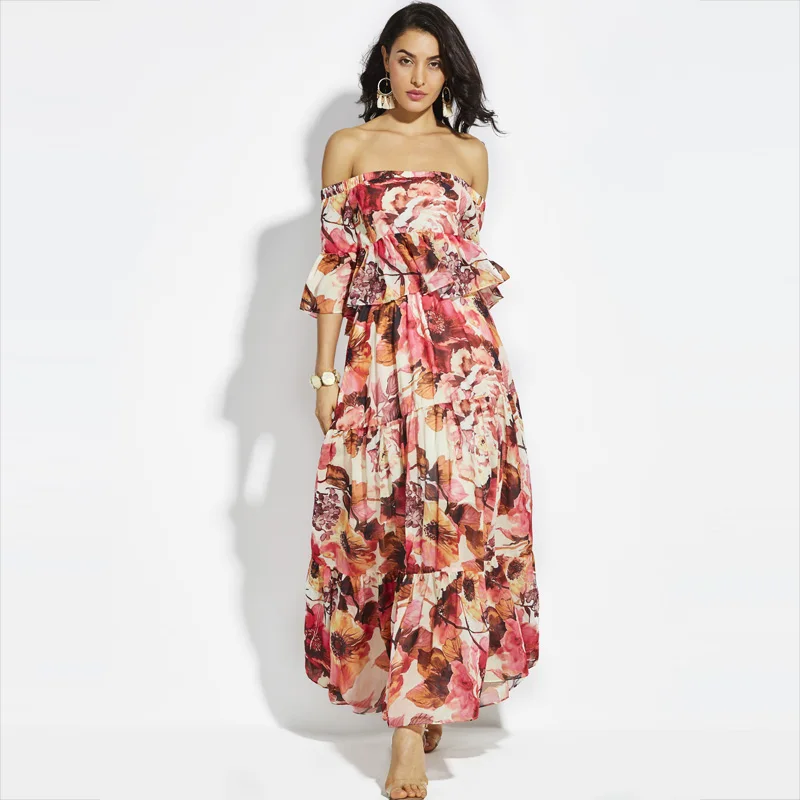 Plus size long red dress with shoulder ruffles women