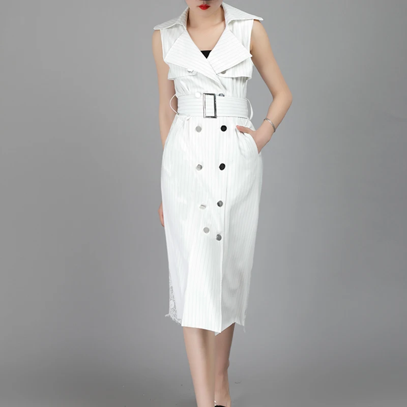 

LANMREM 2019 summer new England Style Korea fashion clothes Thin waistband V-neck striped high quality sexy suit dress QH98500XL