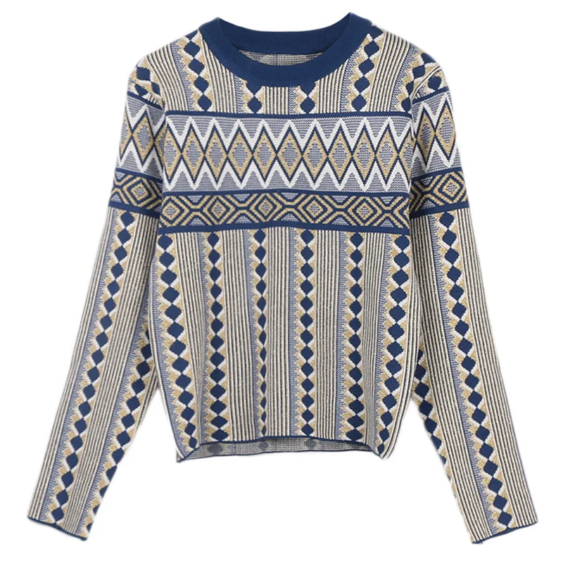 Осенне-зимний винтажный жаккардовый вязаный свитер с геометрическим рисунком и Женский комплект 2 шт., пуловер, топ+ бальное платье трапециевидной формы, комплекты мини-юбок