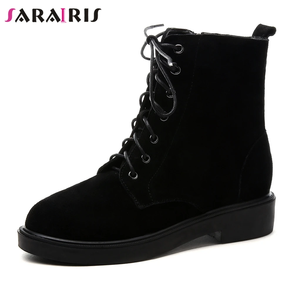 

SaraIris 2018 Brand New Wide Low Heels 3cm Black Zip Shoes Woman Genuine Laether Fashion women's Autumn Winter Ankle Boots