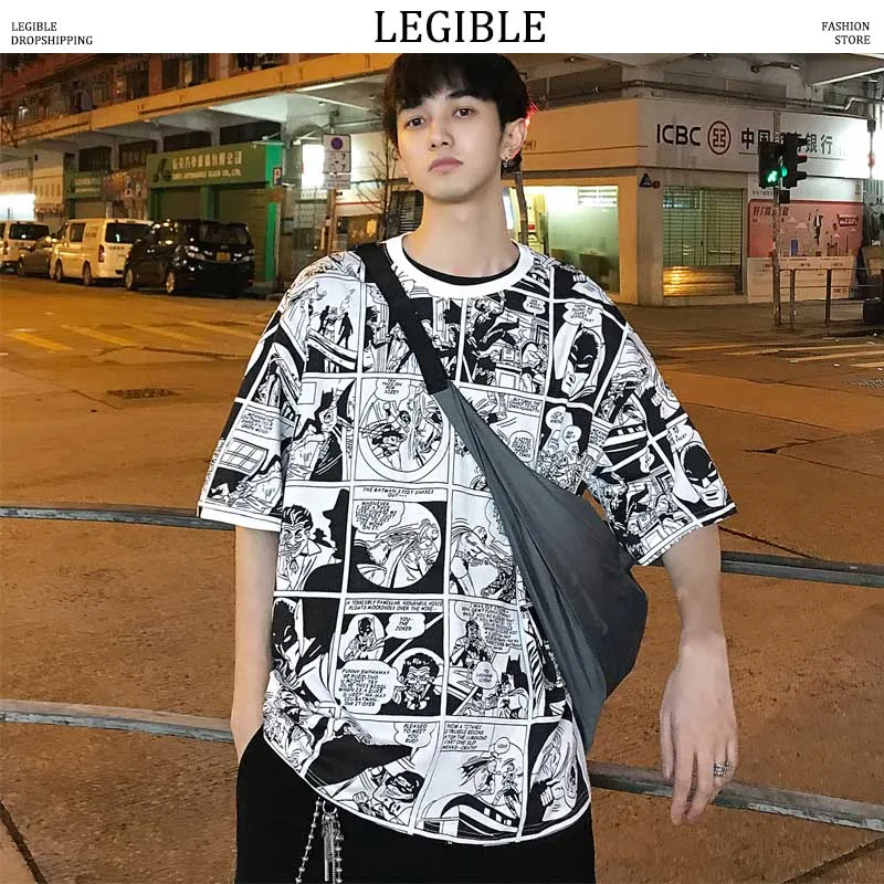 

LEGIBLE Harajuku Hip Hop T-Shirts Men Cartoon Printed Streetwear 2019 Mens Loose Casual Short Sleeve Tops Tees Male T Shirts