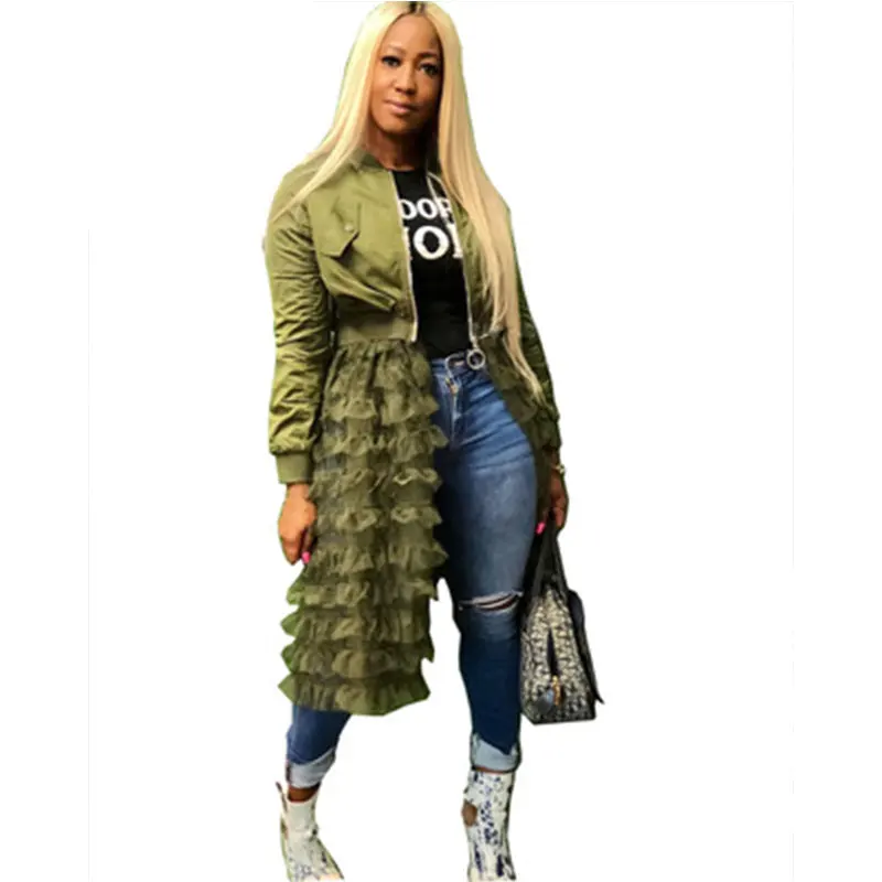 price reduction  Plus Size Green Bomber Jacket Women Autumn Winter Streetwear Korean Harajuku Jacket Layered Mesh Ru