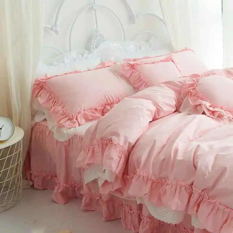 Чистый белый принцесса постельные принадлежности наборы роскошные 4 шт. рюшами Девушки пододеяльник кровать юбка наволочки свадебное постельное белье хлопок - Цвет: Pink