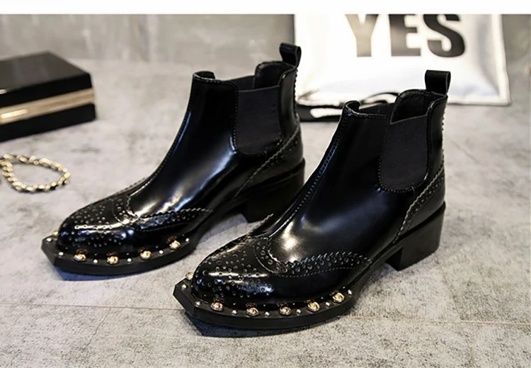 Winter Shoes Woman Black Patent Leather Women Boots Luxury Rivet Decor Square Heels Botas Mujer Slip On Ankle Chelsea Boots