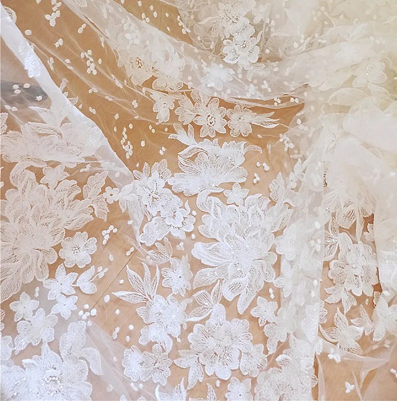 

Ivory-white Summer Lace Wedding Dress Lace Fabric soft Mesh Sequins Embroidered Lace Fabric DIY Material Width 130cm 1yard