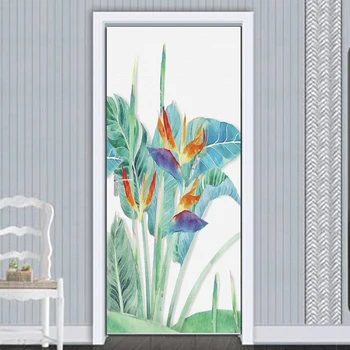 

3D Wallpaper HD Hand-painted Banana Leaf Flowers And Birds Background Wall Decoration Door Stickers PVC Waterproof Mural Tapety