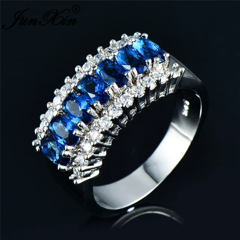 JUNXIN Luxury Male Female Oval Blue Zircon Wedding Rings For Women Men 10KT White Gold Filled Birthstone Engagement Couples Ring