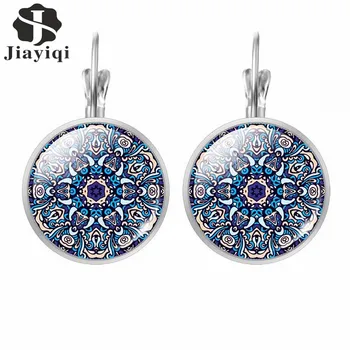 

Jiayiqi 2017 New Vintage Mandala OM Hinduism Glass Jewelry Datura Flower Round Silver Color Stud Earrings For Women Best Gift