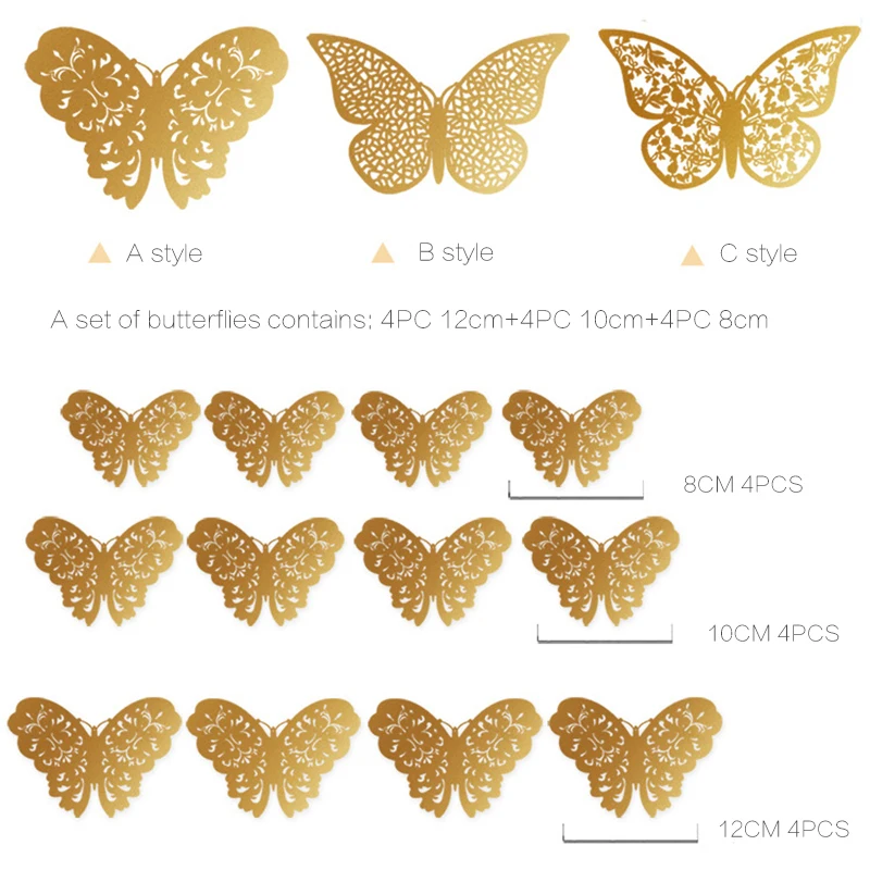 12 шт./компл. 3D бабочка настенные стикеры бабочки полые цвета: золотистый, серебристый 3D бабочки Спальня Гостиная домашний Декор B