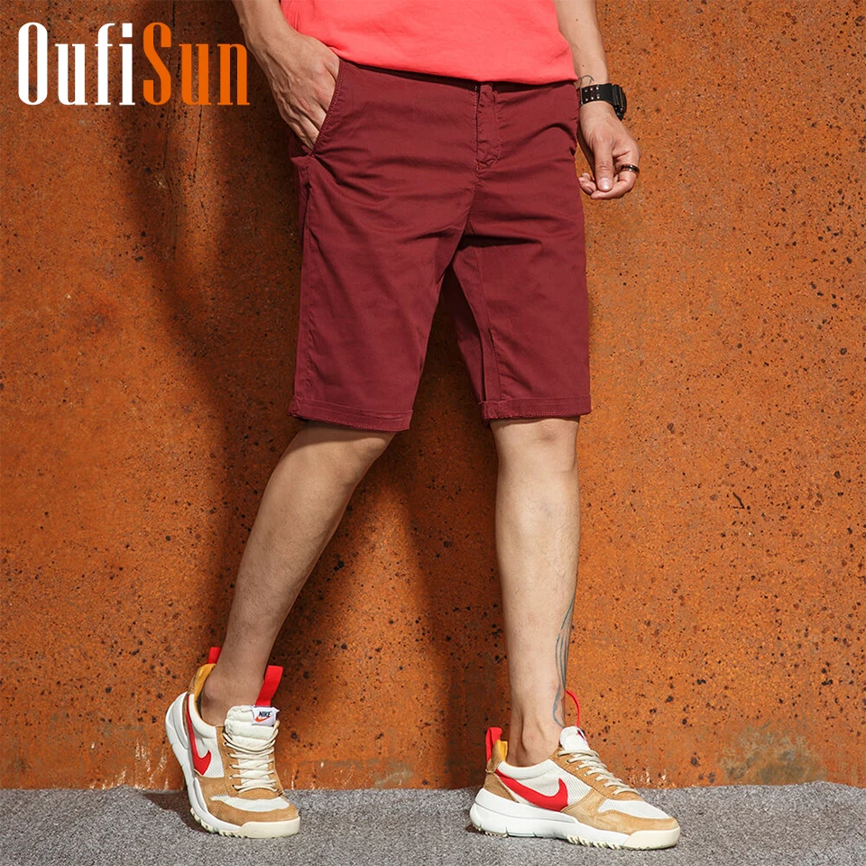 Oufisun летние новые хлопковые мужские шорты кэжуал Sim Fit однотонные 3 цвета доступны по колено брендовые обшитые мужские шорты высокого качества