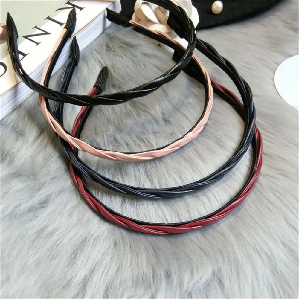 

Fashion Women Girls PU Braided Hairbands 1cm Thin Twist Headbands Hair Accessories Handmade Leather Headwrap Hair Holders
