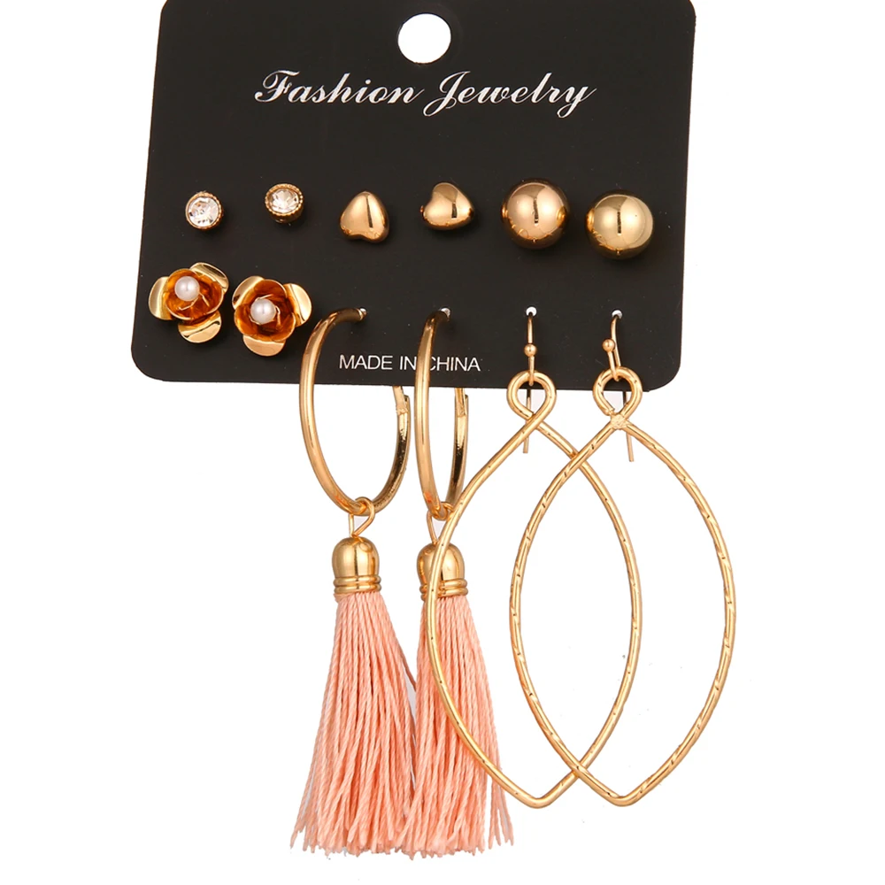 

FAMSHIN 6 Design Long Tassel Stud Earrings Set For Women Girl 2019 New Bohemia Flower Heart Earring Fabric Female Fashion Jewelr