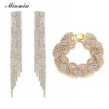 Minmin роскошный золотой цвет Кристалл Свадебные Ювелирные наборы для женщин браслеты с длинной кисточкой серьги наборы модные ювелирные изделия EH424+ SL076