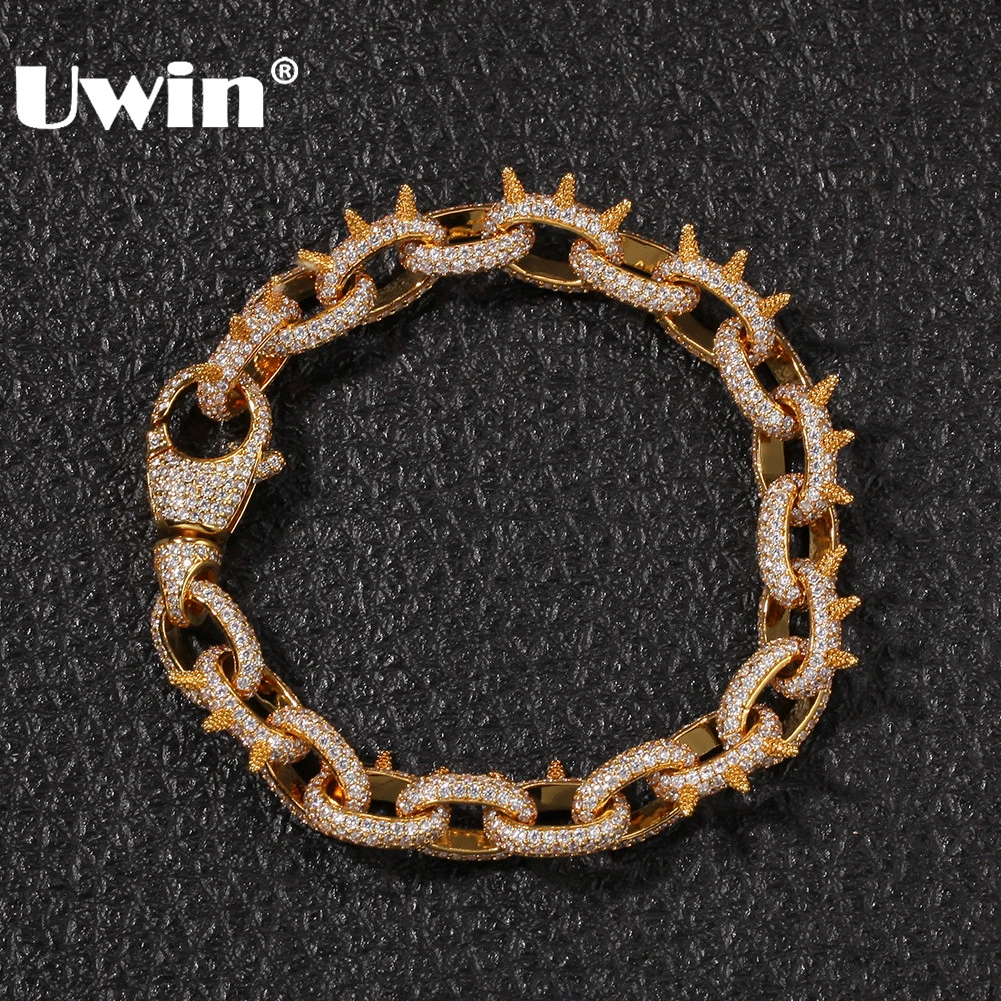 

UWIN Spikes Rivet Cone Stud Bracelets Gold Color Cubic Zirconia Round Cuban Link Fashion Hiphop Iced Out Bracelet Jewelry