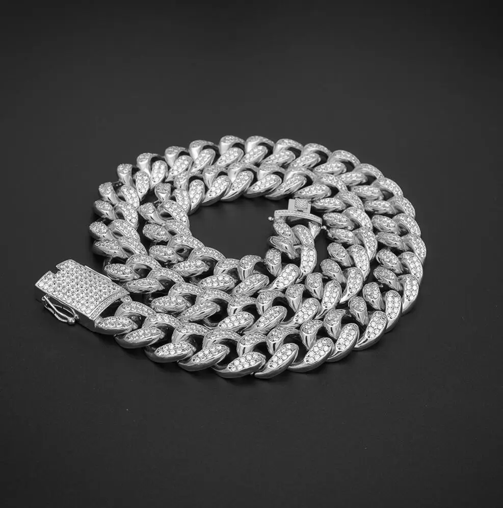 Uwin 20 мм кубический цирконий кубинские цепи и браслеты Набор Мода хип-хоп Iced Out ожерелье ювелирные изделия для мужчин Прямая - Окраска металла: Silver CZ Chain