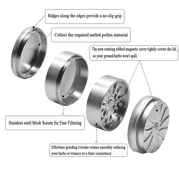 

RICH DOG Silver 63 MM 4 Pieces Aircraft Aluminum Herb Grinder Groove Grinding Patented Teeth Spice Crusher Snuff Snorter Grinder