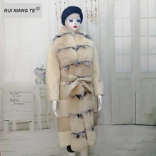 Трендовые зерно материал женские мех пальто стриженый мех куртка из овчины с натуральным лисьим меховым воротником зимнее пальто с поясом