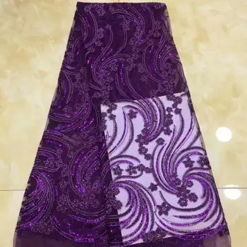 

Latest African Tull Lace Fabrics High Quality Lace 2019 Nigerian French Net Lace Fabric with Sequins For Women Dress purple