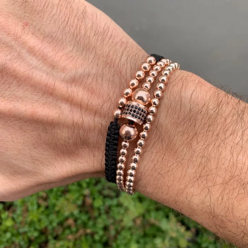 

3Pcs/Set Gold Color Micro CZ Tube Charm Braiding Copper Beads Bracelets Set CZ Eyes Bar Bracelets Bangles Sets for Woman Men