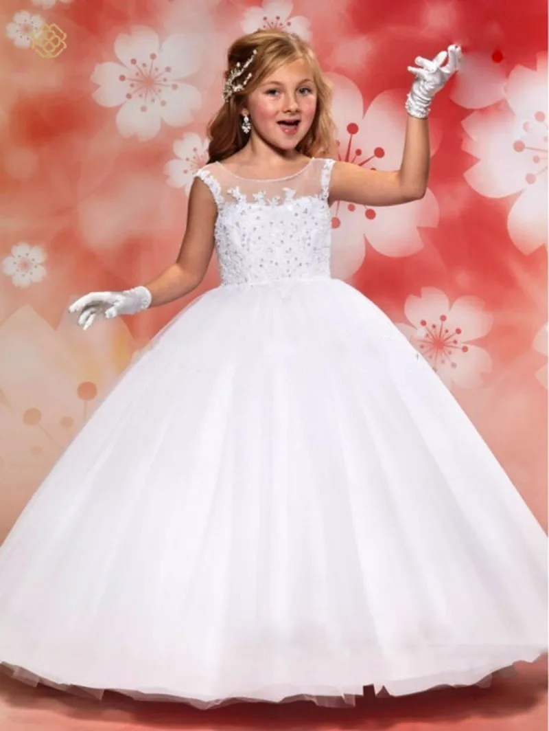 Белые кружевные платья с цветочным узором для девочек бальное платье длиной до пола, платья для первого причастия для свадебной вечеринки