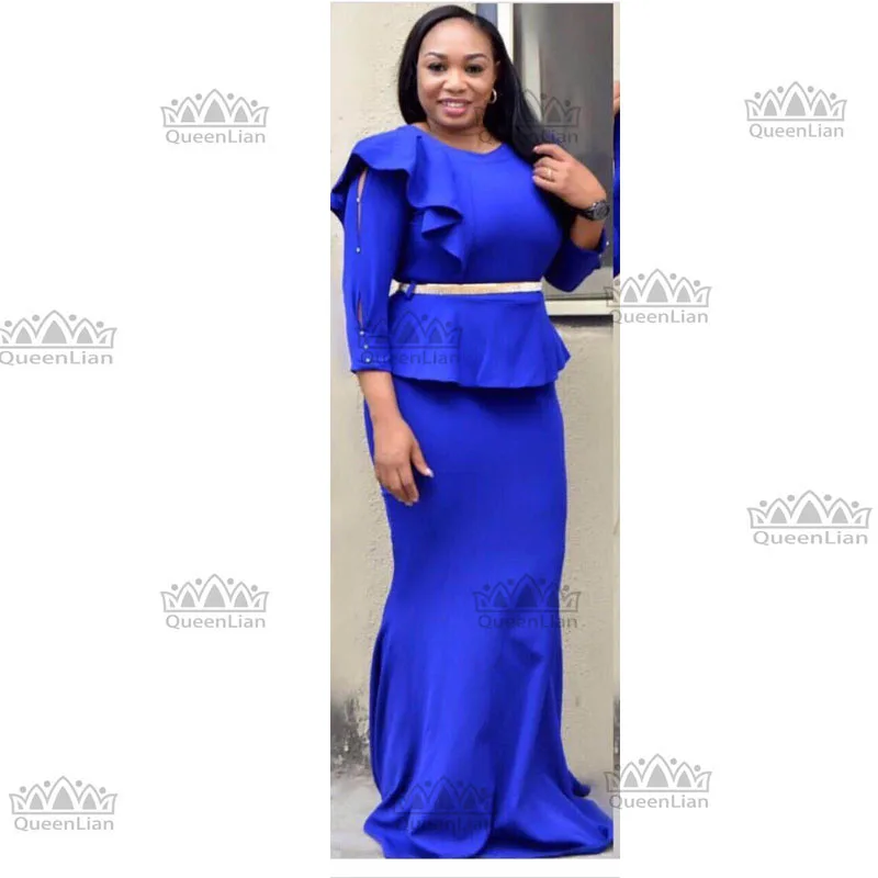 

2017 African CLothing Fake Two Pcs Long Dress WIth Belt Dew shoulder For Lady(CP08#)
