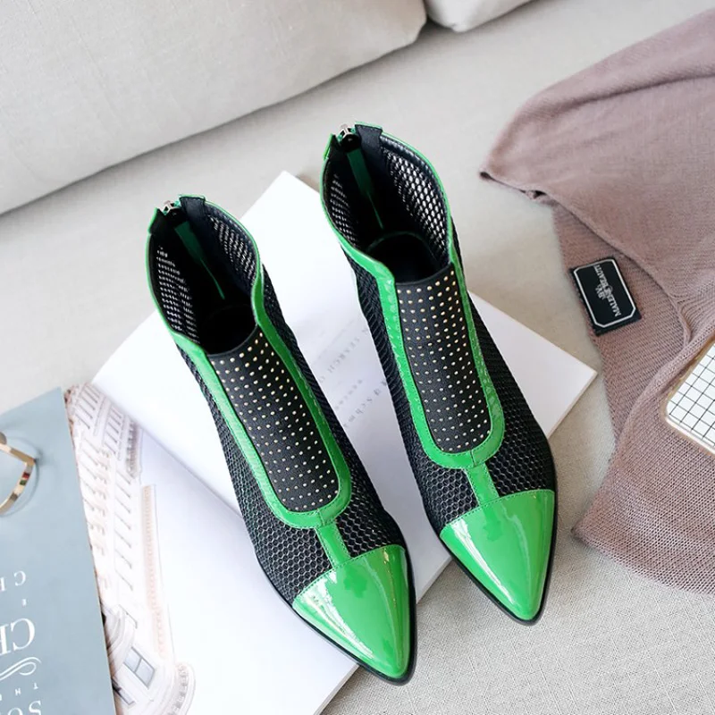 Summer Boots Shoes Woman 2018 Spring Fashion Mesh Ankle Boots For Women Patent Genuine Leather Color Block High Heels For Woman (7)
