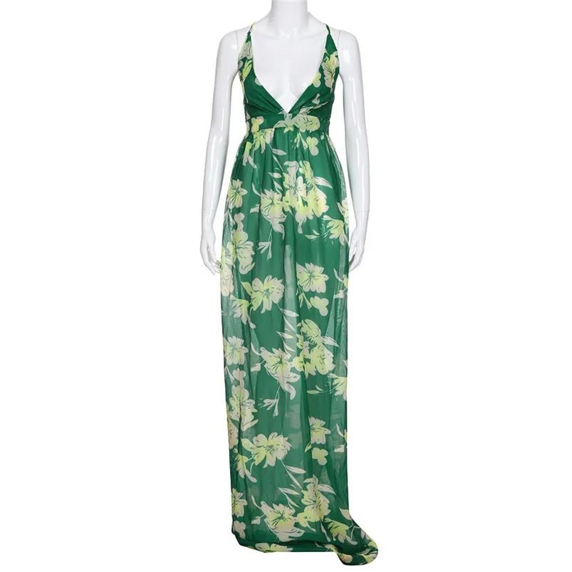 HOT summer dress 2018 beach dress Women Sexy Floral Printed V-Neck Sleeveless Chiffon Evening Party Long Dress vestidos J08#N (4)