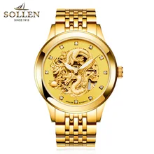 SOLLEN 40 мм Полный Золото Tourbillon лицо световой бабочка двойные снимки автоматическая мужчины движения резные автоматические механические часы