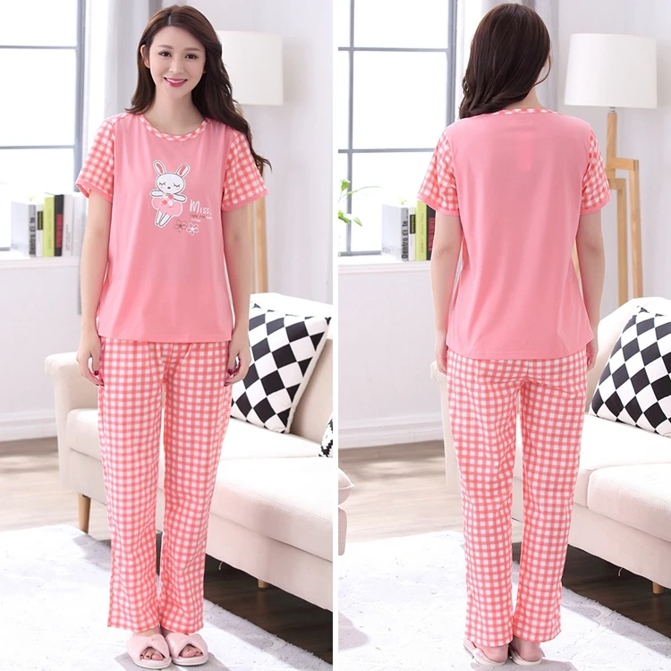 Хлопковые Пижамные комплекты размера плюс XXXL для женщин, пижама с коротким рукавом и рисунком, длинные штаны для девочек, одежда для сна, домашняя одежда, одежда для дома - Цвет: 1706
