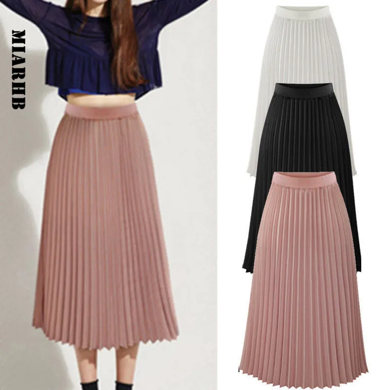 Sunfree Womens Solid Pleated Elegant Midi Elastic Waist Skirt Casual Harajuku Skirts Womens New Hot Sale Jupe Femme 3L45