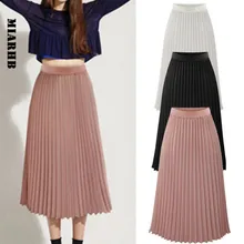 Sunfree Womens Solid Pleated Elegant Midi Elastic Waist Skirt Casual Harajuku Skirts Womens New Hot Sale Jupe Femme 3L45