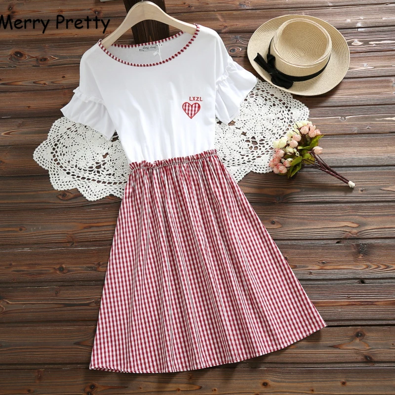 

Merry Pretty Women Letter Embroidery A-Line Dresses 2019 Summer Flare Sleeve O-Neck Plaid Patchwork Dress Sweet Style Mini Dress